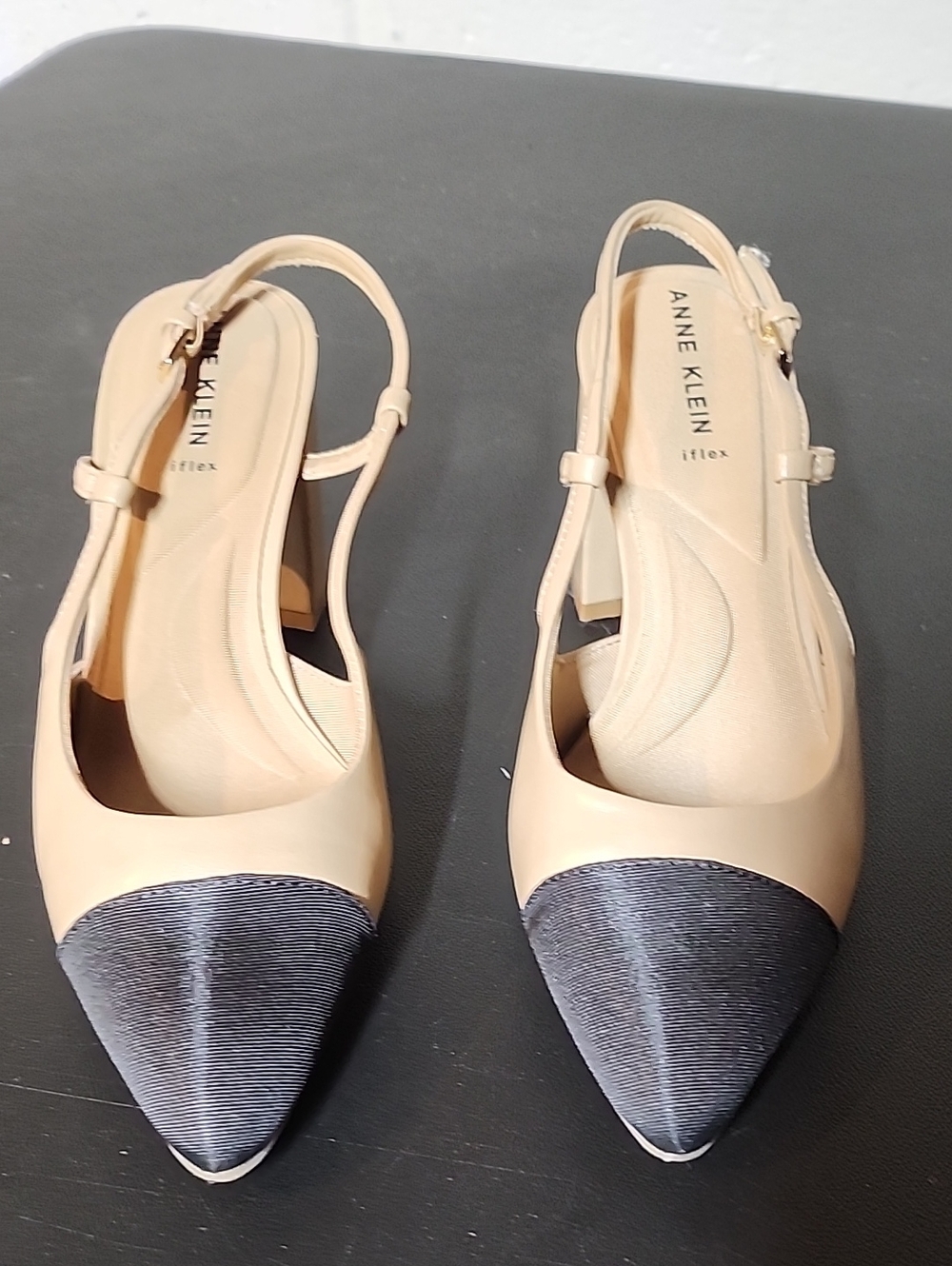 Anne Klein Brooklyn Nude Slingback Pointed-Toe Pumps with Black Toe Cap